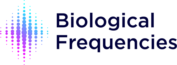 Logo for Biological Frequencies featuring the brand name in a bold blue sans-serif font. To the left is a vibrant, vertical wave graphic made of purple, pink, and light blue dots representing frequency patterns.
