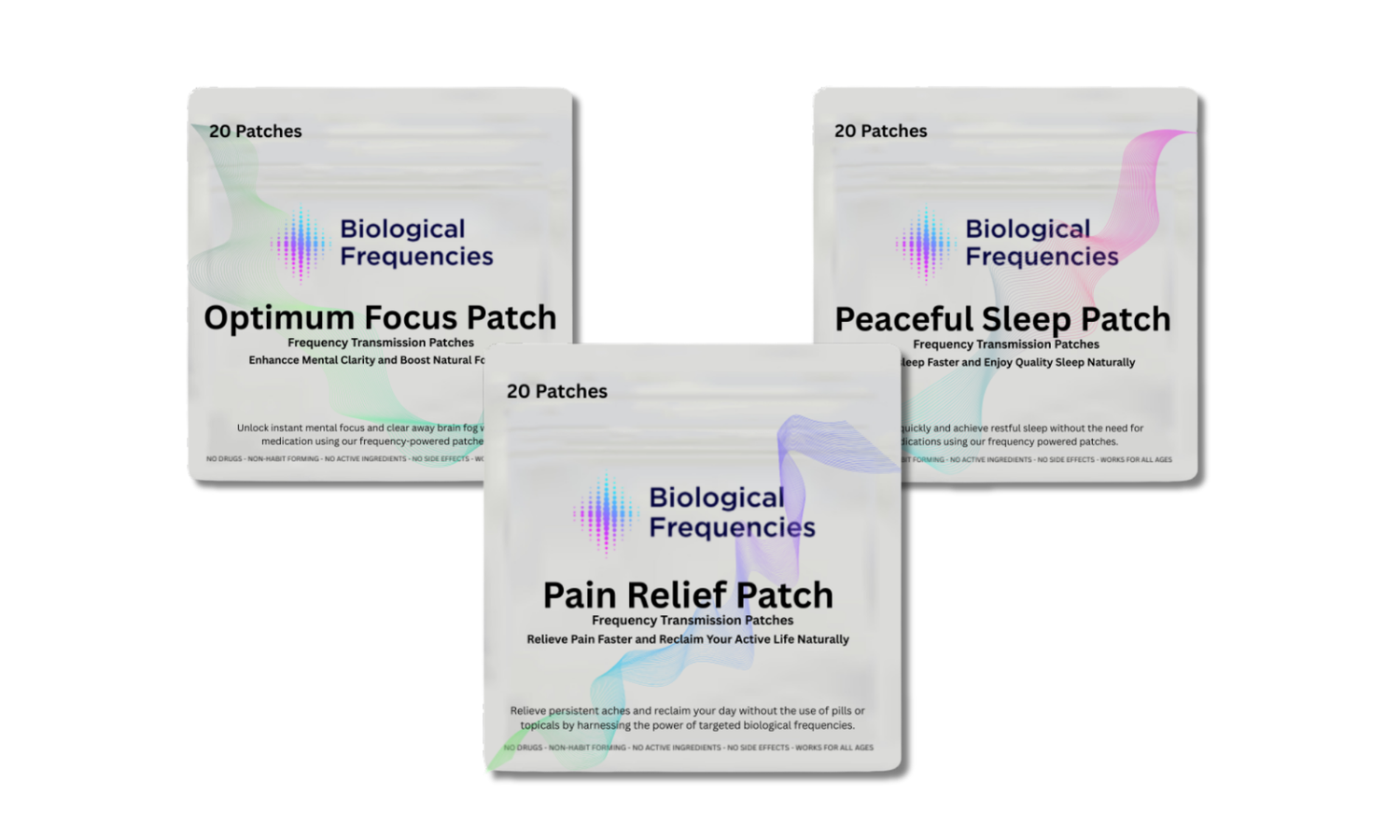 Three pouches of Biological Frequencies patches for Optimum Focus, Peaceful Sleep, and Pain Relief on a white background.