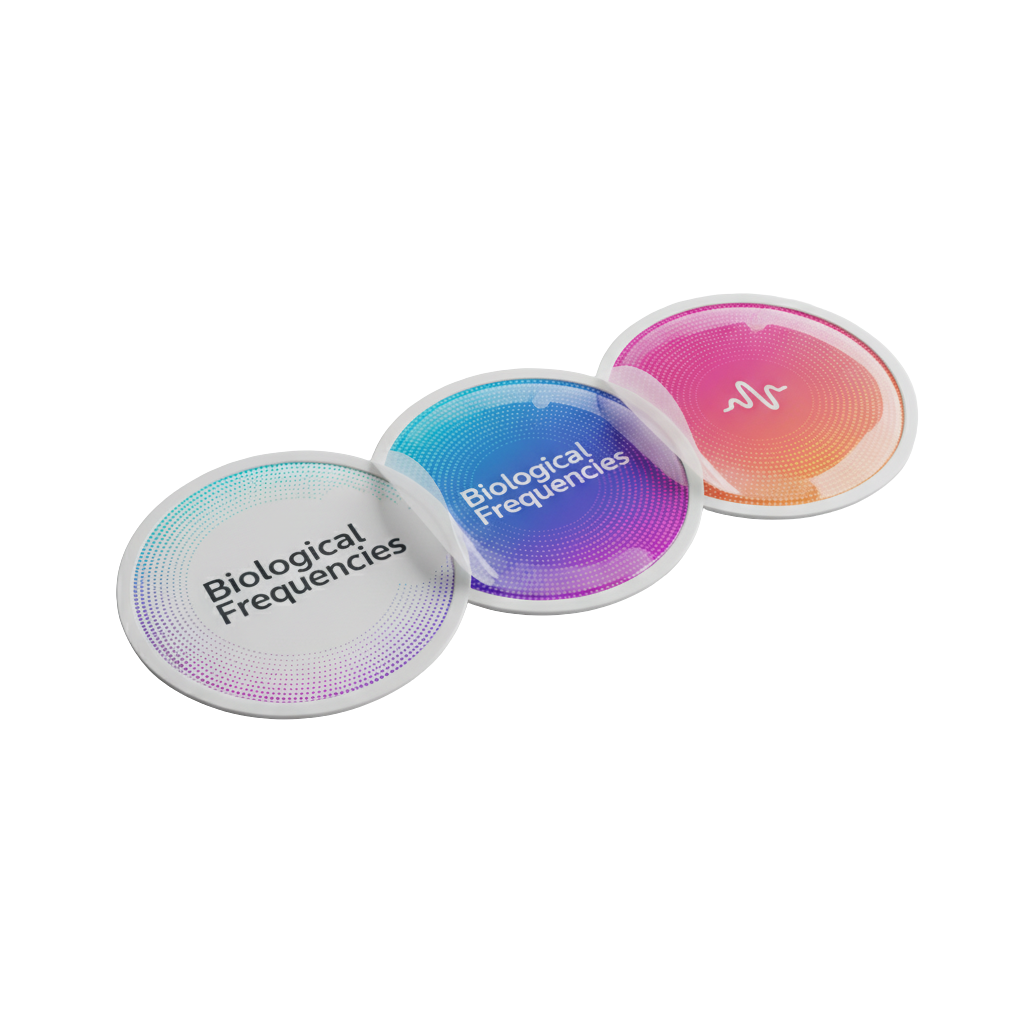 Biological Frequencies circular wellness patches – non-invasive, drug-free frequency therapy wearable.